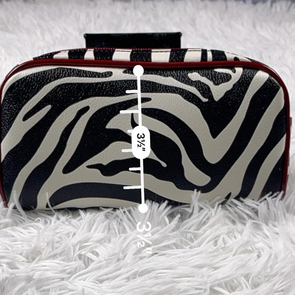 NWOT Grace Adele Zebra Print Cosmetic Bag Black‎ White Red Faux Leather Case